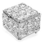 ELLDOO Crystal Jewelry Box Square Trinket Organizer with Lid Earrings Rings Vintage Treasure Keepsake Box for Valentine Wedding Dresser Bedroom Decoration, Silver