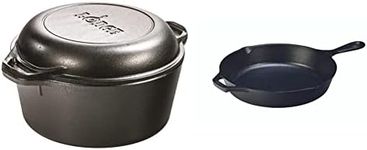 Lodge 4.73 Litre / 5 Quart Pre-Seasoned Cast Iron Double Dutch Oven (with Loop Handles) & 26.04 cm / 10.25 inch Cast Iron Round Skillet/Frying Pan