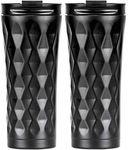 Baskety 500ml Stainless Steel Wine Tumblers Insulated Wine Tumbler Double Wall Insulated Wine Glass Stainless Steel Stemless Wine Cups with Lids for Coffee Wine Cocktails Champaign (Black, Pack of 2)