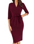 GRACE KARIN Evening Dress for Women UK Plus Size 3/4 Sleeve Bodycon Dress Casual Business Work Dress Cocktail Party Midi Dresses XXL Dark Red Size 22