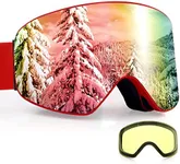 Dizokizo Ski Goggles Cylindrical Skiing Snowboard Lens Anti-fog 100% UV Protection Triple Breathable Foams Embossed Strap for Women Men REVO Red