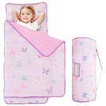 Viviland Toddler Kids Nap Mat for Preschool, Girls Purple Butterfly Slumber Bag, Daycare Sleeping Bag with Pillow and Blanket, Kindergarten Sleep Mat