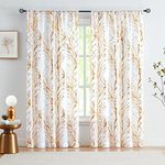 FMFUNCTEX Sheer Linen Textured Curtains, Gold White Curtains 84 Inches Long for Living Room Bedroom, Tree Branch Pattern Print Semi Sheer Privacy Drapes, Rod Pocket Window Curtains 2 Panels, W50 x L84