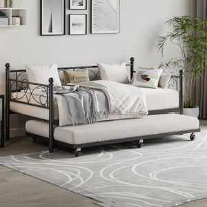 GarveeHome Twin Size Daybed Frame with Trundle, Metal Day Bed with Floral Headboard, Heavy Duty Steel Slats Supports, Modern Twin Bed Frame with Pull-Out Trundle for Living Room, Guest Room, Black