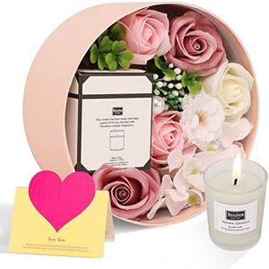 ANBET Femmes Savon Fleur Boîte Ronde avec Bougies Parfumées Rose Fleur Artificielle Coffret Cadeau Maman Personnalisé Anniversaire Fête des Mères Saint Valentin Noël