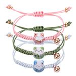 Yolev 3 Pieces Cat Maneki Neko Bracelet Cute Lucky Cat Ceramic Beads Bracelet Fortune String Ceramic Beads Bracelet Lucky Charm Bracelets with Bell Adjustable