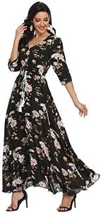 VintageClothing Women's Floral Maxi Dresses with Sleeves Flowy Boho Beach Dress, Style A-multi-black&pink, Small