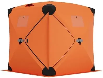 GarveeLife Ice Fishing Insulated Tent, Large Pop-Up Portable Hub-Style Ice Fishing Shelter, 3-4 Person Shelter 68 Square Feet of Fishable Area，Orange