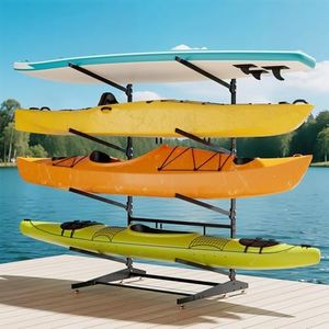 AlloyLake 4-Tier Freestanding Kayak Rack, Pro-Grade Heavy Duty Outdoor Storage for 4 Boats, 440 lbs Max Capacity, Rust-Proof 304 Stainless Steel Hardware (Black)