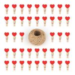 G2PLUS 100PCS Mini Wooden Heart Pegs - 3.5cm Wooden Photo Display Clips - Tiny Wooden Clothes Pegs with 30 M Jute String for Arts and Crafts, Weddings & Events