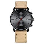 GOLDEN HOUR Men's Fashion Sport Quartz Watches with Leather Strap Waterproof Chronograph Watch, Auto Date in Red Hands, Color: Black, Brown