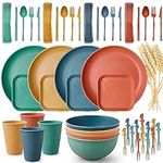 48PCS Wheat Straw Dinnerware Sets for 4, Reusable Unbreakable Dinnerware Set for Kids Adults, Microwave Safe, Lightweight Camping Plates Cups and Bowls Set for Dorm Picnic Rv Dishes