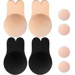 Memoryee Women's Push Up Adhesive Silicone Invisible Rabbit Bra Reusable Lifting Bra Cups Nipple Cover/Beige+Black-2Pair/L(C/D Cup)