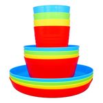 Bloomsworld Toddler Dining Set, 4 Plastic Cups, Bowls and Plates, Reusable, BPA Free, Kids Picnic and Party Tableware for Boys and Girls - Bright