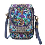 Embroidery Canvas Small Crossbody Purse Cell-phone Bag for Teen Girls Cute Mini Messenger Bag Wristlet Wallet Bag (Blue + Flower)