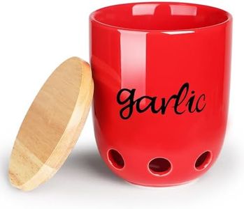 HAOTOP Ceramic Garlic Keeper for Counter with Wood Lid (Red)