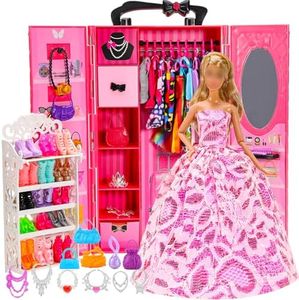 Barwa 73 Accessories for 11.5 Inch 28-30 CM Girl Doll: 1 Fashion Closet Wardrobe + 1 Shoe Rack + 16 Dresses Clothes + 10 Pcs Shoes + 10 Hangers + 6 Necklace + 6 Crowns + 23 Accessories