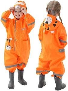 Fewlby Kids Toddler Rain Suit for boys girls One Piece Hoodie Zipper Cute Cartoon Tiger Waterproof Rain Jacket 2-5 years M Size