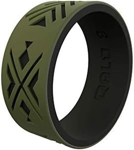 QALO Men's Rubber Silicone Ring, Strata Arrowhead & Fish Two Tone, Silicone Rubber Wedding Band, Breathable, Durable Wedding Ring for Men, 9mm Wide 2mm Thick, Black & Olive, Size 13