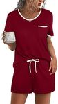 Ekouaer Pajama Set for Women 2 Piece Lounge Set Short Sleeve Tops and Shorts Soft Sleepwear, Chest Pocket Wine Red