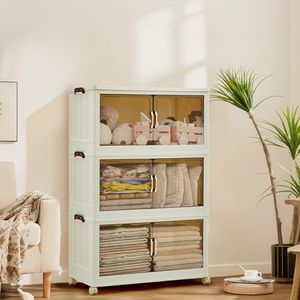 GarveeHome 378QT Stackable Storage Bins, Folding Storage Box with Magnetic Doors & Wheels, Loset Organizers and Storage with Lids, Collapsible Plastic Drawers for Bedroom Kitchen Office, White