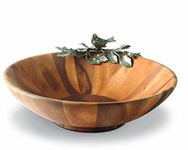 Vagabond House Acacia Wood Large Salad Serving Bowl with Pewter Song Bird 16" Wide