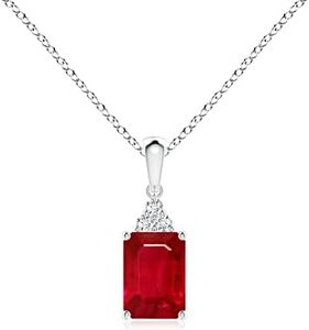 Angara 1.6 ct Emerald-Cut Ruby Necklace with Diamond Trio in Sterling Silver | Natural Ruby Solitaire Pendant for Women | July Birthday Gemstone Jewelry Gift | 8x6mm