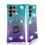 Zase Samsung S22 Ultra 5G Clear Case Liquid Glitter Sparkle Bling Designed for Galaxy S22-Ultra 6.8-inch Cute Floating 3D Butterflies Waterfall Quicksand w/Phone Ring Holder (Gradient Aqua Purple)