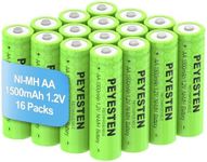 PEYESTEN Rechargeable NiMh AA Batteries 1500mAh 1.2V Double A Batteries for Solar Garden Lights, Pathway Lights, Home Device, TV Remote,Green 16 Packs.