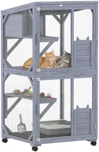 PawHut Outdoor Catio Cat House, Movable Wooden Cat Enclosure on Exercise Wheels with Resting Box, 3 Jumping Platforms, Large Kitty Cage with Waterproof Asphalt Roof for Outdoor Indoor, for 2 Kittens