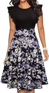 YATHON Women's Vintage Ruffle Floral Flared A Line Swing Casual Cocktail Party Dresses(YT001-Black Purple F P1,L)