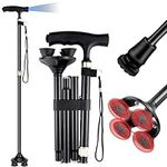 Folding Walking Sticks for Men and Women with LED Light, Adjustable Heights Elderly Walking Cane with Ergonomic Handle & (1 Large Base + 1 Small Base) - Collapsible Walking Stick Mobility Aid (Black)