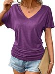 Zeagoo Ruched Short Sleeve Shirts for Women Casual Loose Fit Tops Tees Trendy Blouse 2025 Basics V Neck Tshirt Purple