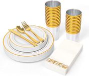 175 Piece Gold Dinnerware Set for 25 Guests, Plastic Plates Disposable for Party, Include: 25 Gold Rim Dinner Plates, 25 Dessert Plates, 25 Paper Napkins, 25 Cups, 25 Gold Plastic Silverware Set