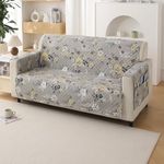 HOKIPO Polyester 2 Seater Quilted Sofa Cover with Pockets, Floral Ash Grey (IN-739-D3)