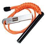 FERROFIRE FS384 Classic Camping Fire Starter, 3/8 Inch Thick 4 Inch Long Drilled Ferro Rod, Reflective 550 Paracord Lanyard, Carbon Alloy Steel Striker for Survival Emergency Bushcraft