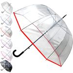 COLLAR AND CUFFS LONDON - Rare Automatic Clear Umbrella - Windproof - Extra Strong - StormDefender Panoramic - Dome - Engineered to Combat Inversion Damage - Fiberglass Ribs - Red Trim - Men Women