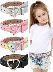 Newcotte 4 Pcs Girls Belt Kids Leather Belts Waist Belt Rhinestone Heart Metal Buckle, Black, Rainbow, Silver, Pink, 22-26 Inch