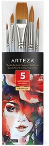 Arteza Watercolor Brushes Set B of 5 (Round #2, Round #8, Round #16, Flat #24, Dagger Stripper 1/4) Brown Brush Hair, Silver Ferrule with Silver Wooden Handle and Black Printing