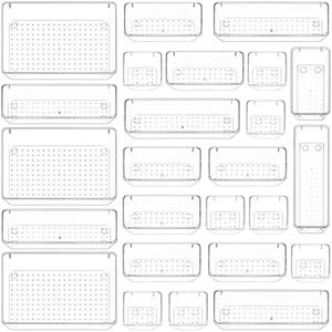 EEZEELIFE 25PCS Clear Plastic Drawer Organiser Set, 4-size Versatile Containers for Makeup, Bathroom, Office, Kitchen, Desk. Home Storage & Organisation Acrylic Organisers - Fits Alex Drawers.