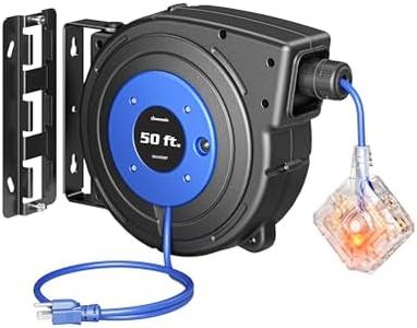 DEWENWILS 50FT Extension Cord Reel, Retractable Cord Reel, Twist-lock Stopper, 14/3C SJTOW, 6 Grounded Outlets, Retractable Extension Cord Reel, 13A Circuit Breaker, Heavy Duty Power Cord, ETL Listed