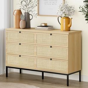 Brafab Natural Rattan 6 Drawer Double Dresser for Bedroom, Industrial Wood Clothing Organizer Boho Dresser, Wide Storage Chest of Drawers Dresser with Sturdy Steel Legs for Living Room, Hallway