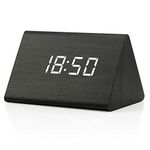 Oct17 Wooden Wood Clock, 2018 New Version Led Alarm Digital Desk Clock 3 Levels Adjustable Brightness, 3 Groups of Alarm Time, Displays Time Date Temperature Black (White Light)