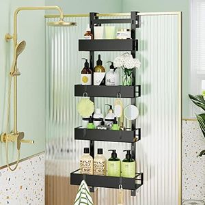 Thideewiz 4 Tier Over The Door Shower Caddy, 32.8inch Height Adjustable Hanging Shower Organizer, Black Metal Rustproof Bathroom Shelves with 6 Plastic Hooks and 4 Suction Cups