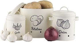 Navaris Storage Tins for Potatoes, Garlic, Onion - Set of 3 Metal Food Bin Container Pots with Lids for Kitchen - Vegetable Containers - Cream