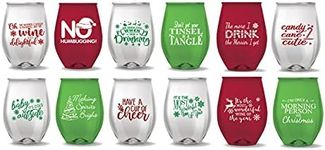 Pen Kit Mall PKM - Stemless Wine Glasses - Set of 12 - NOVELTY FUNNY SAYINGS - CAMPING -CHRISTMAS - NEW YEARS HALLOWEEN (Not Glass) (CHRISTMAS THEMED)