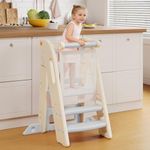 Onasti Toddler Learning Tower, Foldable Toddler Tower with Safety Bar, 3 Step Adjustable Height, Kitchen Step Stool for Kids with Handles, Non-slip, for Kitchen Counter Bathroom Sink(Grey+white)