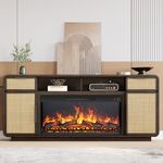 BELLEZE 68" TV Stand for TV Up to 75",Boho Entertainment Center with 36" Electric Fireplace Heater with Sound, Rattan Decorated Console Table Storage Cabinet for Living Room, Bedroom - (Brown)