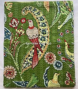 Sambhav Quilt Hub Coperta in cotone Kantha, realizzata a mano, con stampa animalier, realizzata a mano, stile bohémien, per letto king size, motivo kantha, colore: verde, 228 x 274 cm
