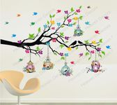 Heaven Decors Natural Tree with Birdcage and Birds Flying Wall Sticker (Ideal Size on Wall: 127 cm x 80 cm),Multicolour